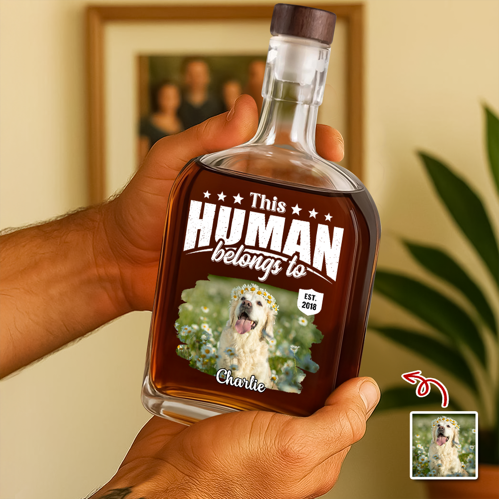 Custom Dog Cat Photo This Human Belongs To Whiskey Bottle - Personalized Pet Lover Gift HA75 921366
