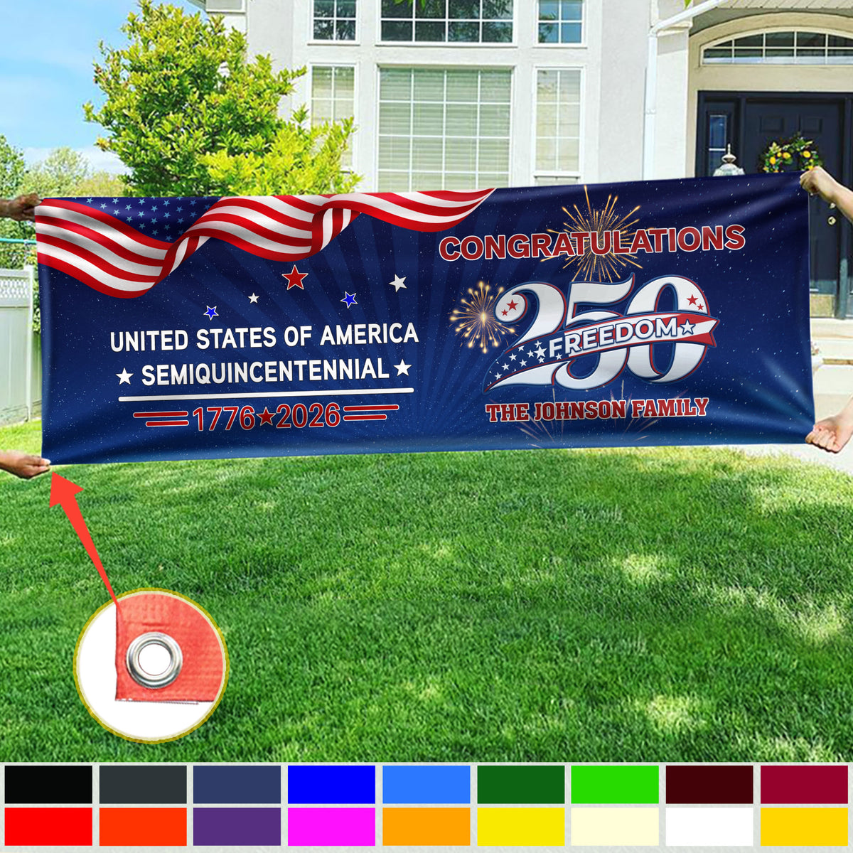 Custom Name USA 250 Freedom Banner – 1776–2026 Semiquincentennial Patriotic Party Decoration HO82 902208