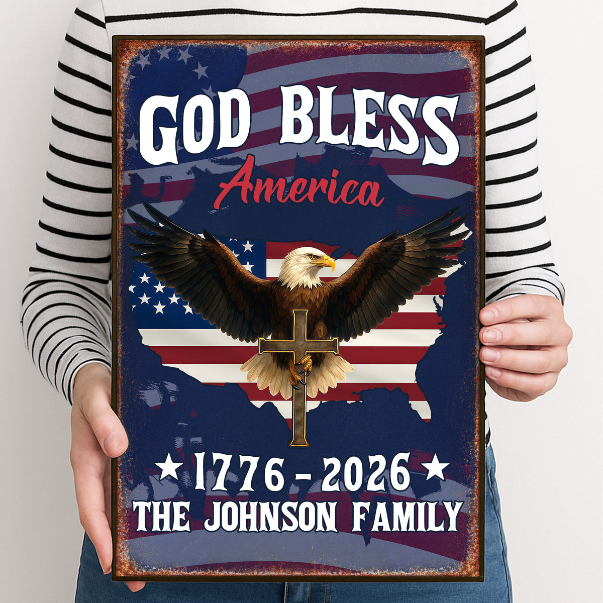 Custom Family Name God Bless America Eagle 1776–2026 Patriotic Metal Sign HA75 920120