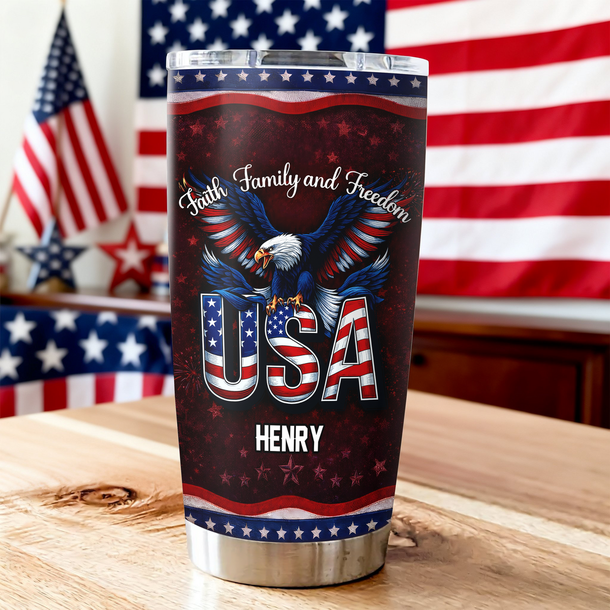 Custom Name Faith, Family & Freedom America 250 Years Anniversary Fat Tumbler 1776–2026 CH07 910590