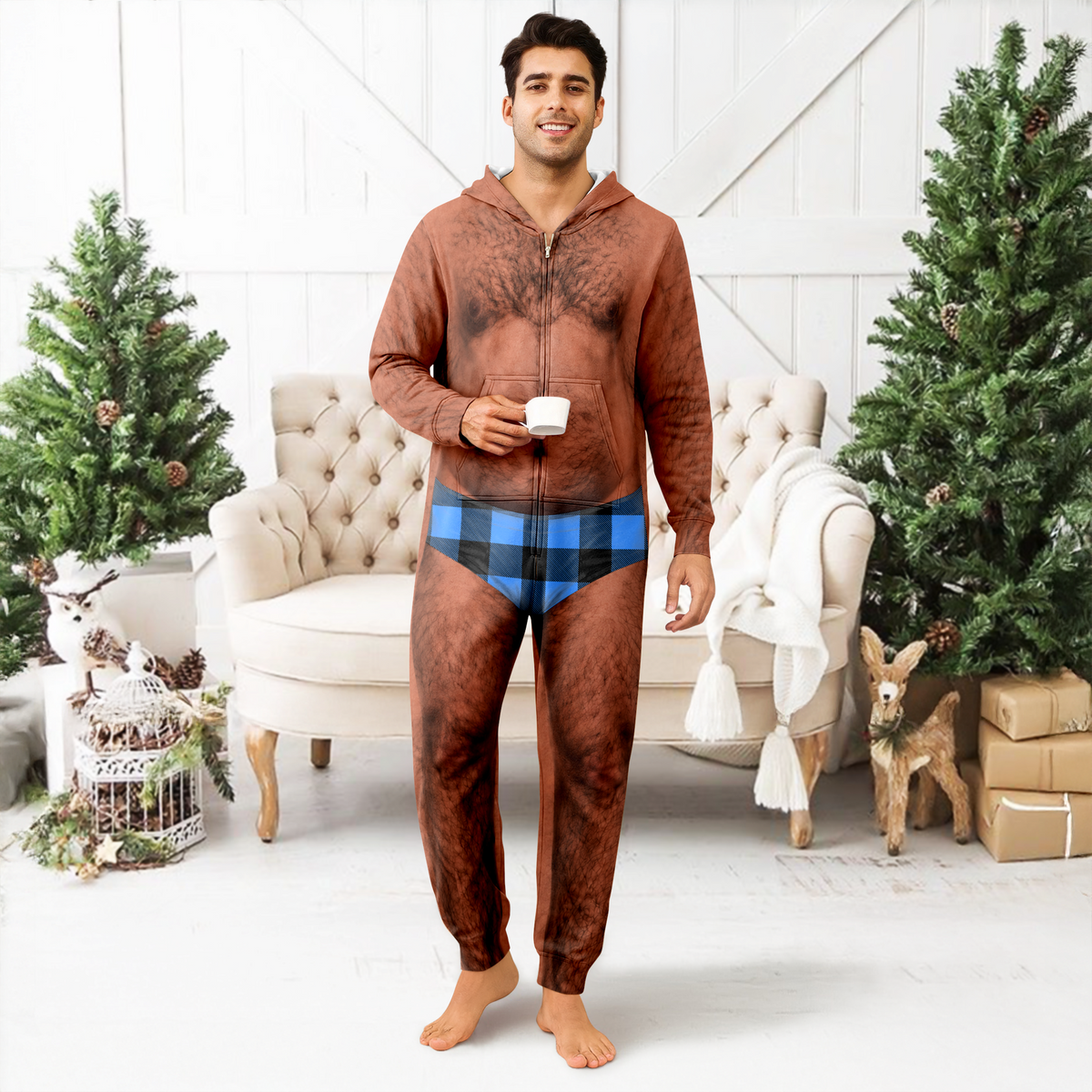 Personalized Funny Hairy Chest Men's Plaid Pattern Underwear Onesie Pajamas HO82 903684