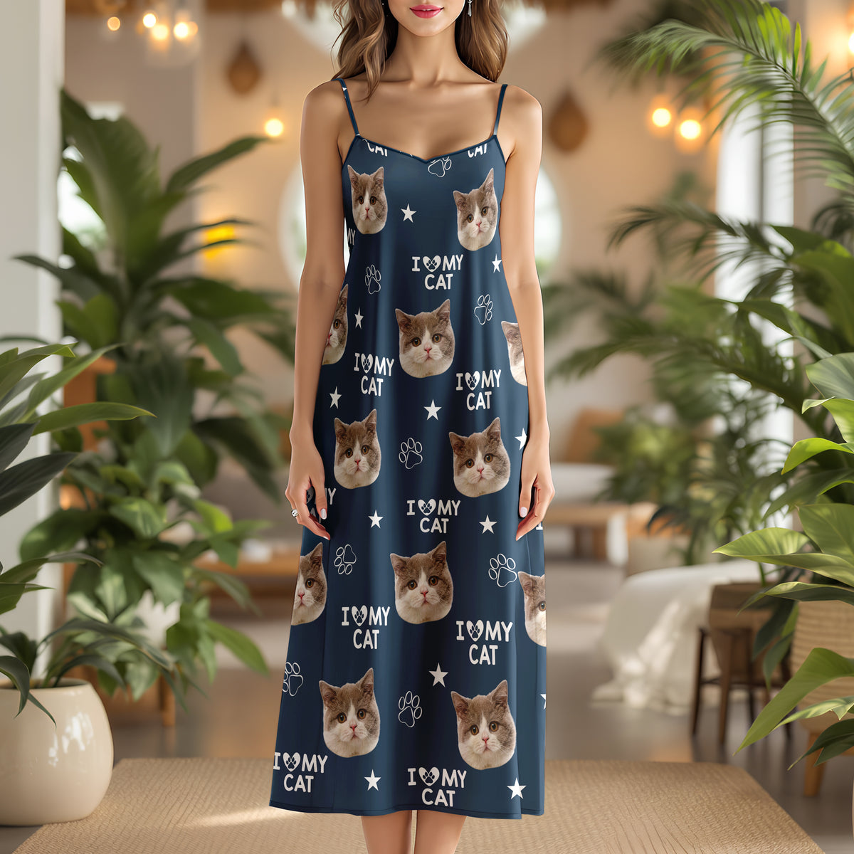 Custom Photo and Name I Love My Cats V-Neck Cami Maxi Dress HA75 892148
