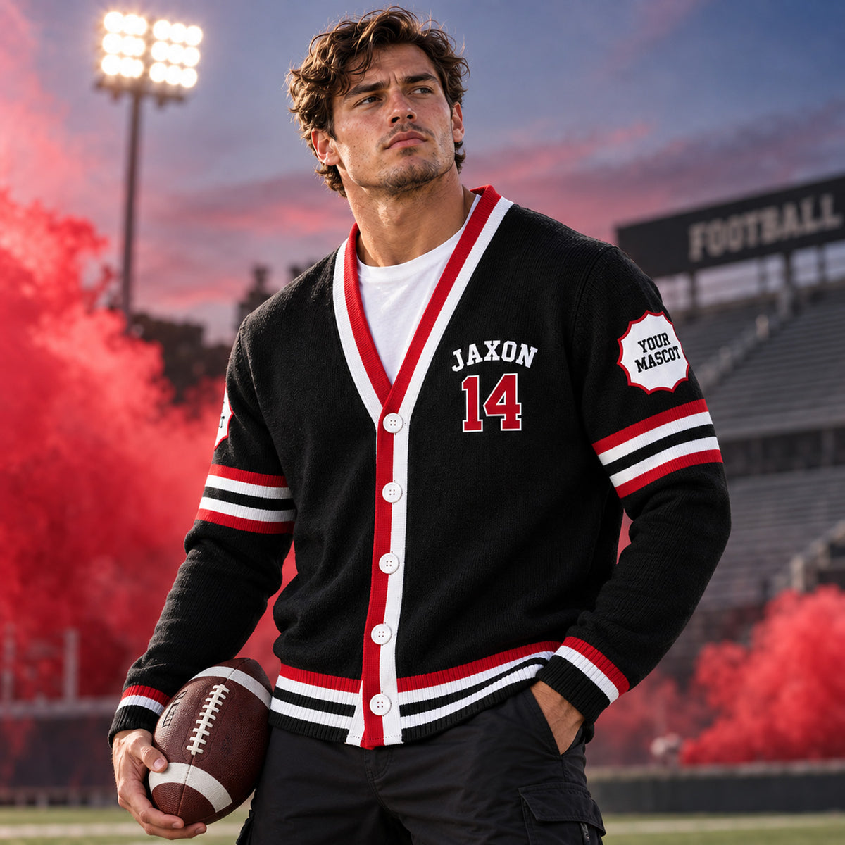 Personalized Football Photo Varsity V-neck Cardigan Football Player Gift HO82 903660