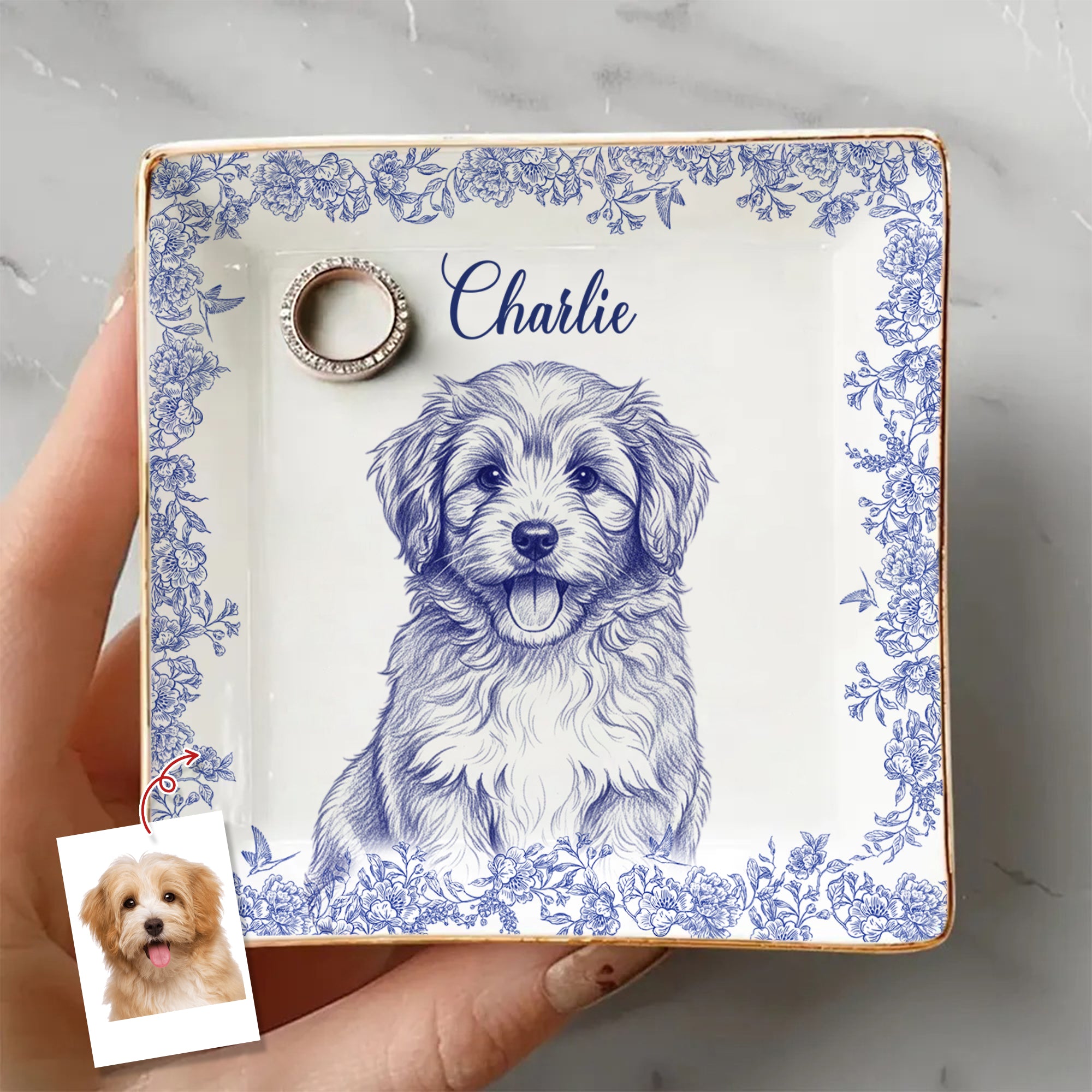 Custom Photo Dog Cat Toile De Jouy Style Jewelry Dish HA75 898320