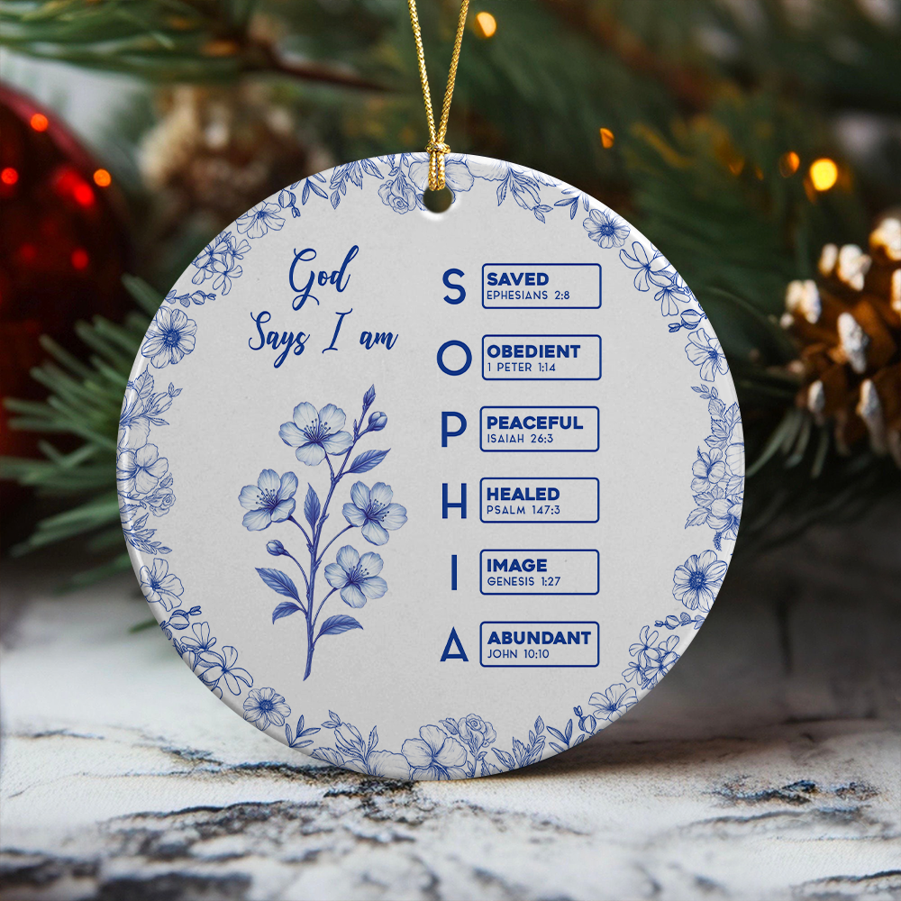 God Says I Am Name Letter In Bible Toile De Jouy Style - Personalized Ceramic Ornament CH07 896822