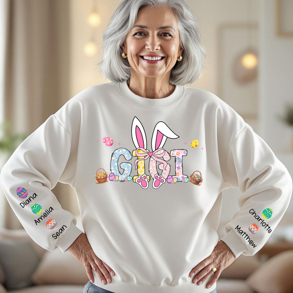 Easter Bunny Coquette Bow Gift For Family Custom Grandma And Kids Name on Sleeves Sweatshirt CH07 895352