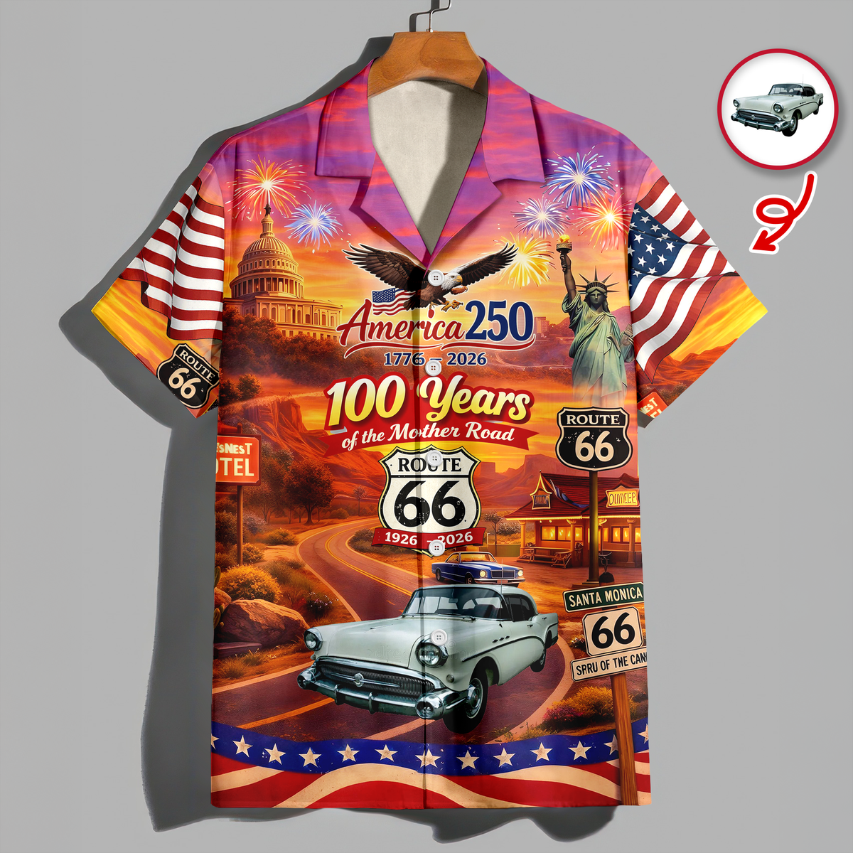 Celebrate 100 Years of Road Route 66 and America 250th Anniversary Custom Car Photo Hawaiian Shirt CH07 910510