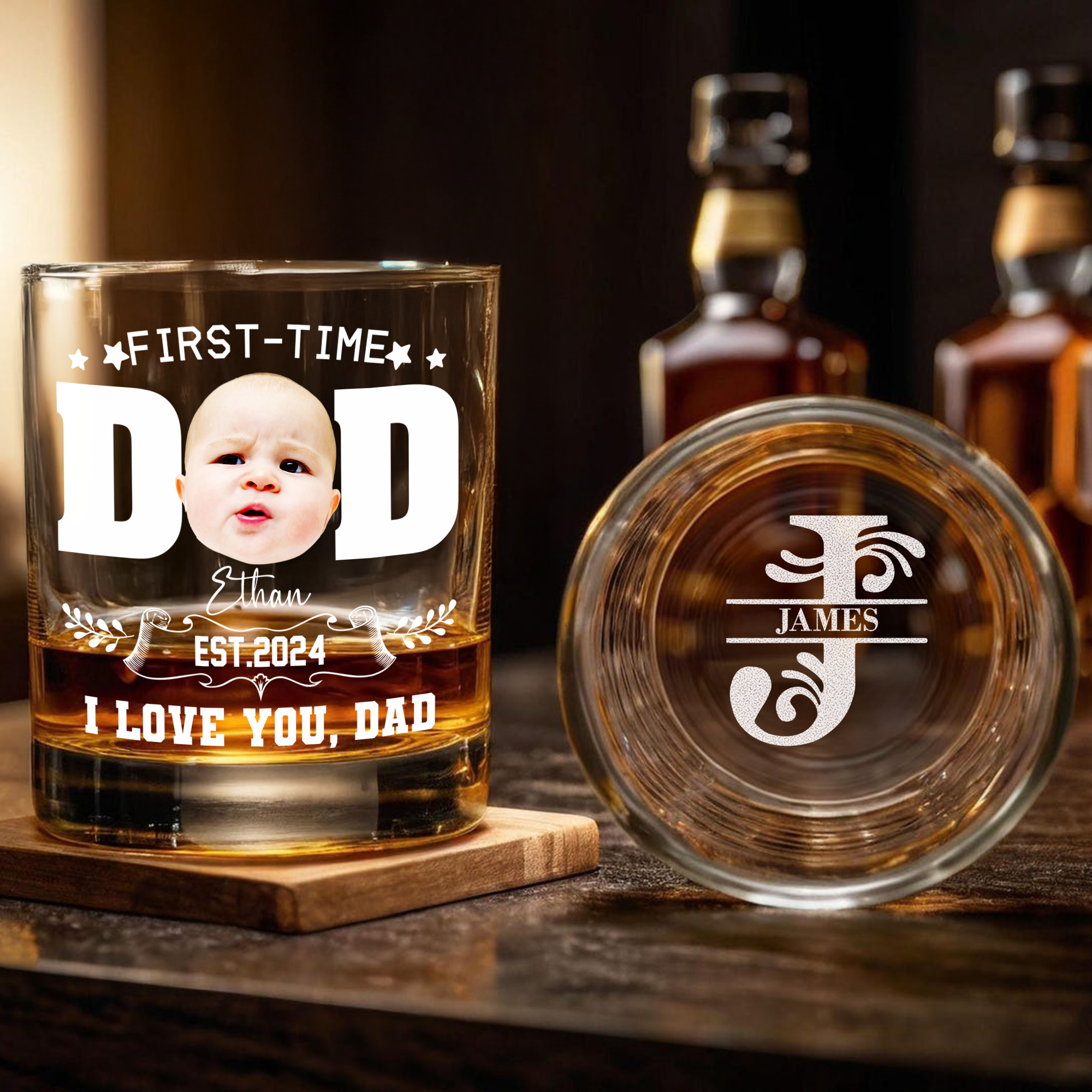 Custom Photo First Time To Be Dad Monogram Letter Engraved Whiskey Glass LM32 893551