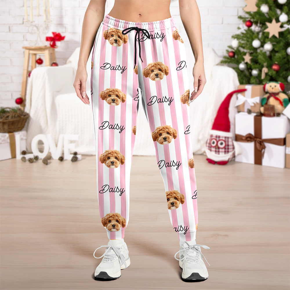 Custom Dog Cat Face Striped Pajama Pants, Personalized Pet Lovers Christmas Gift TH10 171011