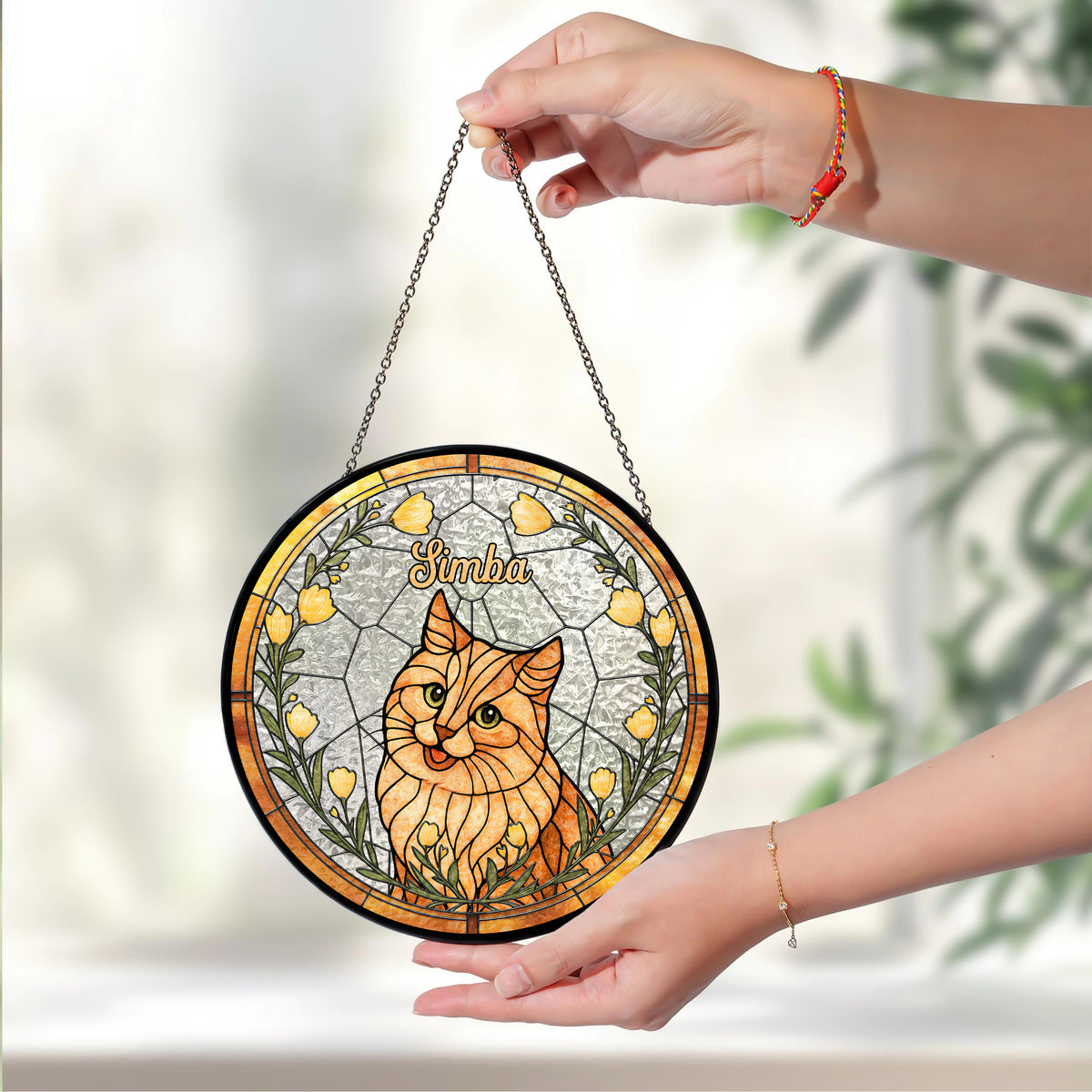 Custom Cat Photo With Flower Memorial Stained Glass Suncatcher, Pet Loss Gift HO82 894328