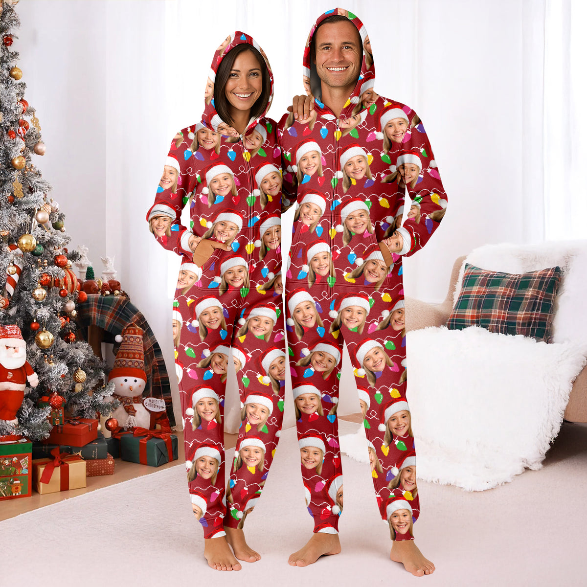 Custom Human Face Photo With Colorful Christmas Lights Onesie Pajamas HO82 900188