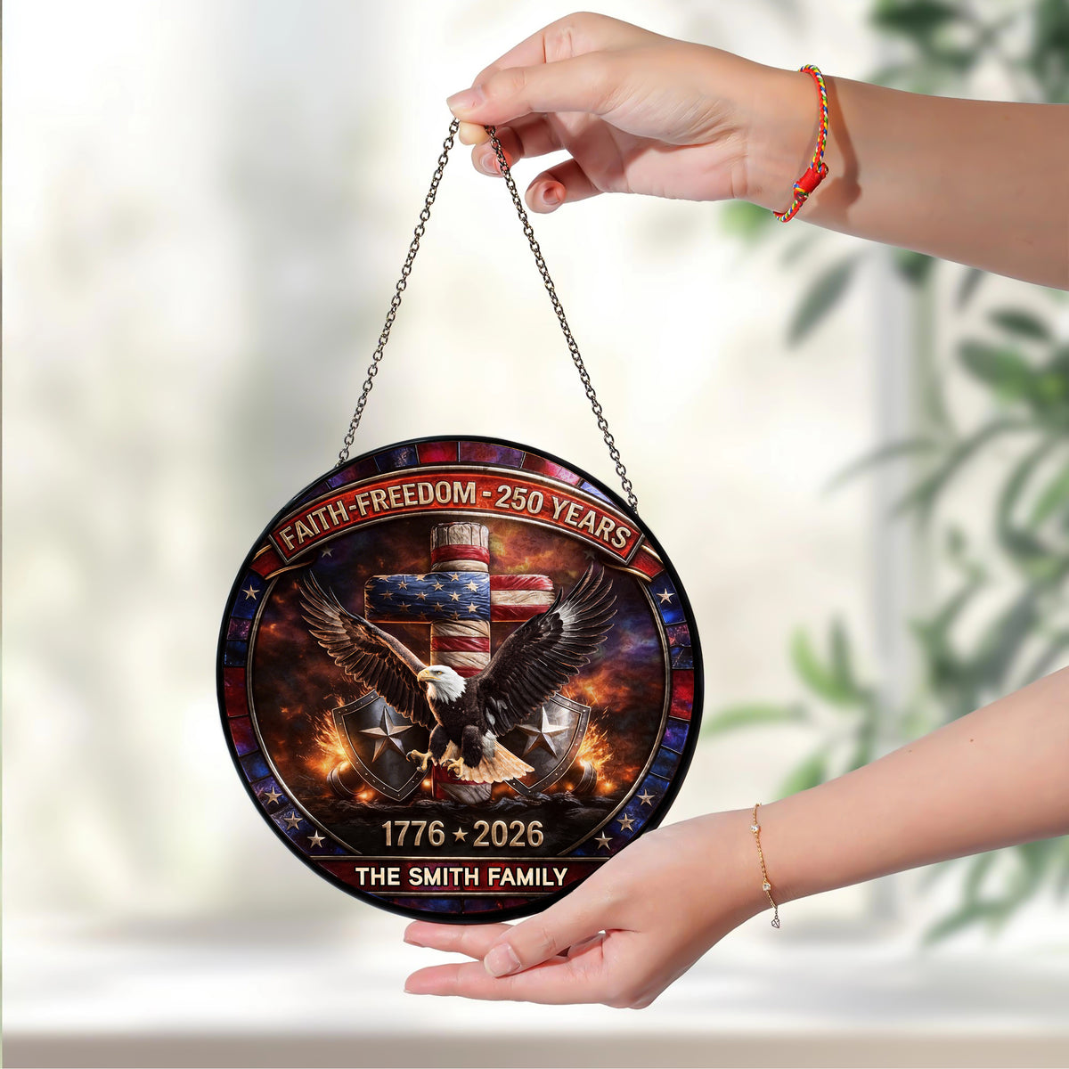 Custom Family Name 250 Years of Freedom 1776 - 2026 Eagle Patriotic Stained Glass Suncatcher HO82 901488