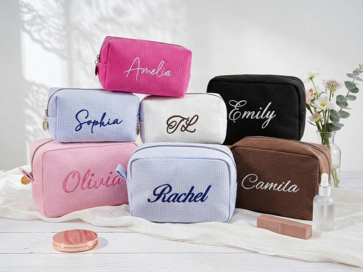 Personalized Name Embroidered Waffle Cosmetic Bag - Gift For Mom, Girlfriend, Women, Bridesmaid Gift LM32 899547