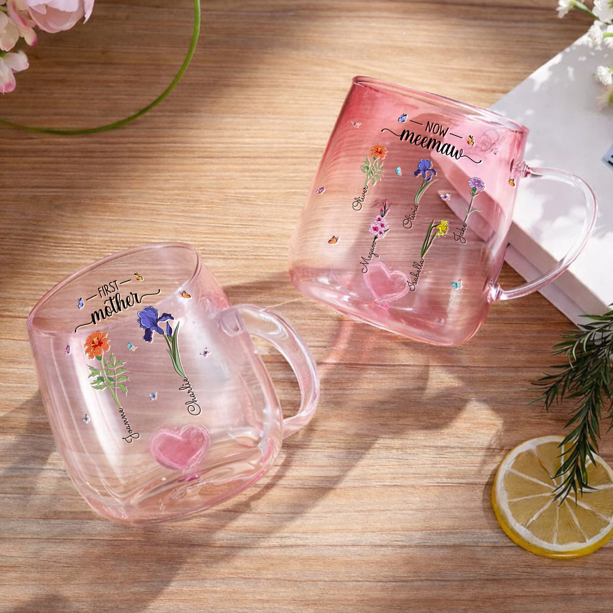 Personalized First Mom Now Grandma Birth Month Flowers Pink Gradient Glass Mug HO82 901796