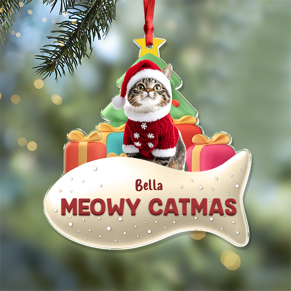 Custom Cat Photo Meowy Catmas 3D Effect Christmas Acrylic Ornament LM32 895919