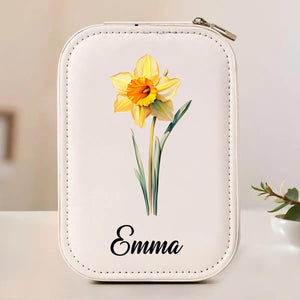Personalized Birth Flower Leather Travel Jewelry Box with LED Mirror 100204