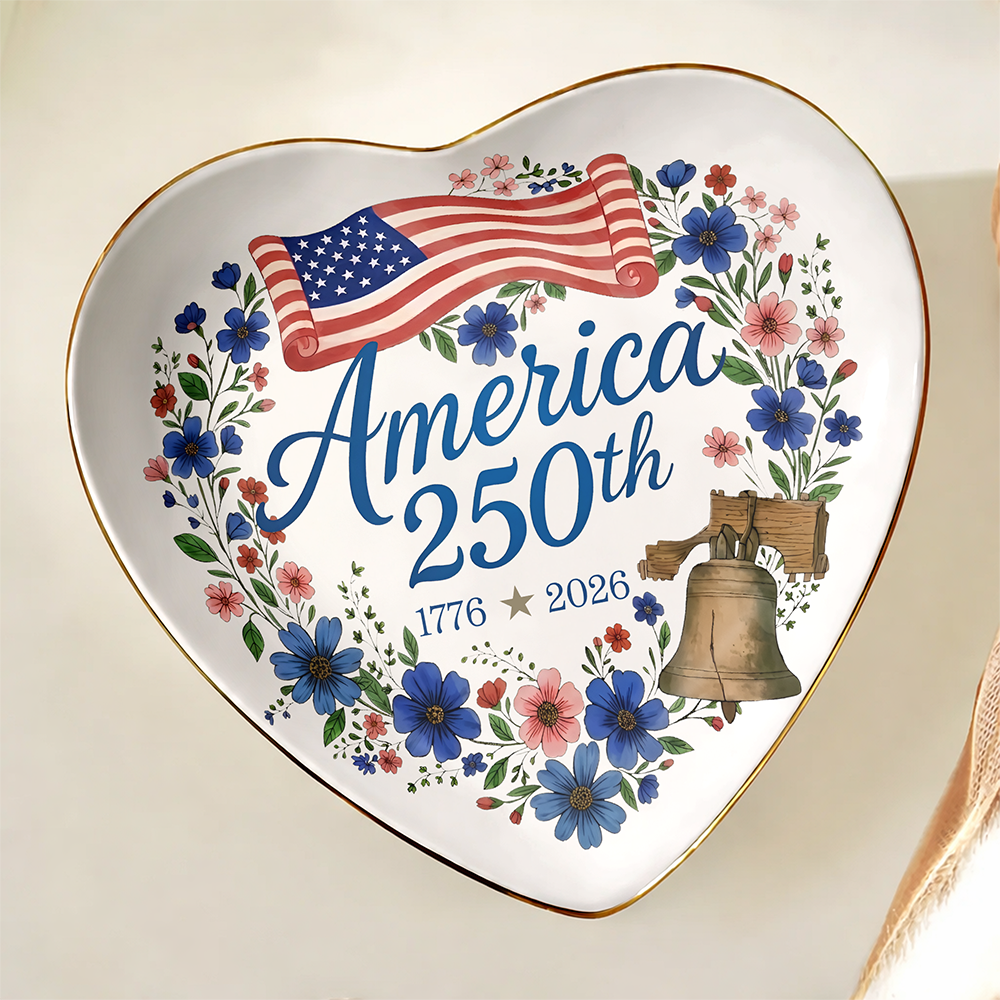 America 250th Anniversary 1776–2026 Floral Ring Dish – Patriotic Jewelry Tray Gift LM32 899509