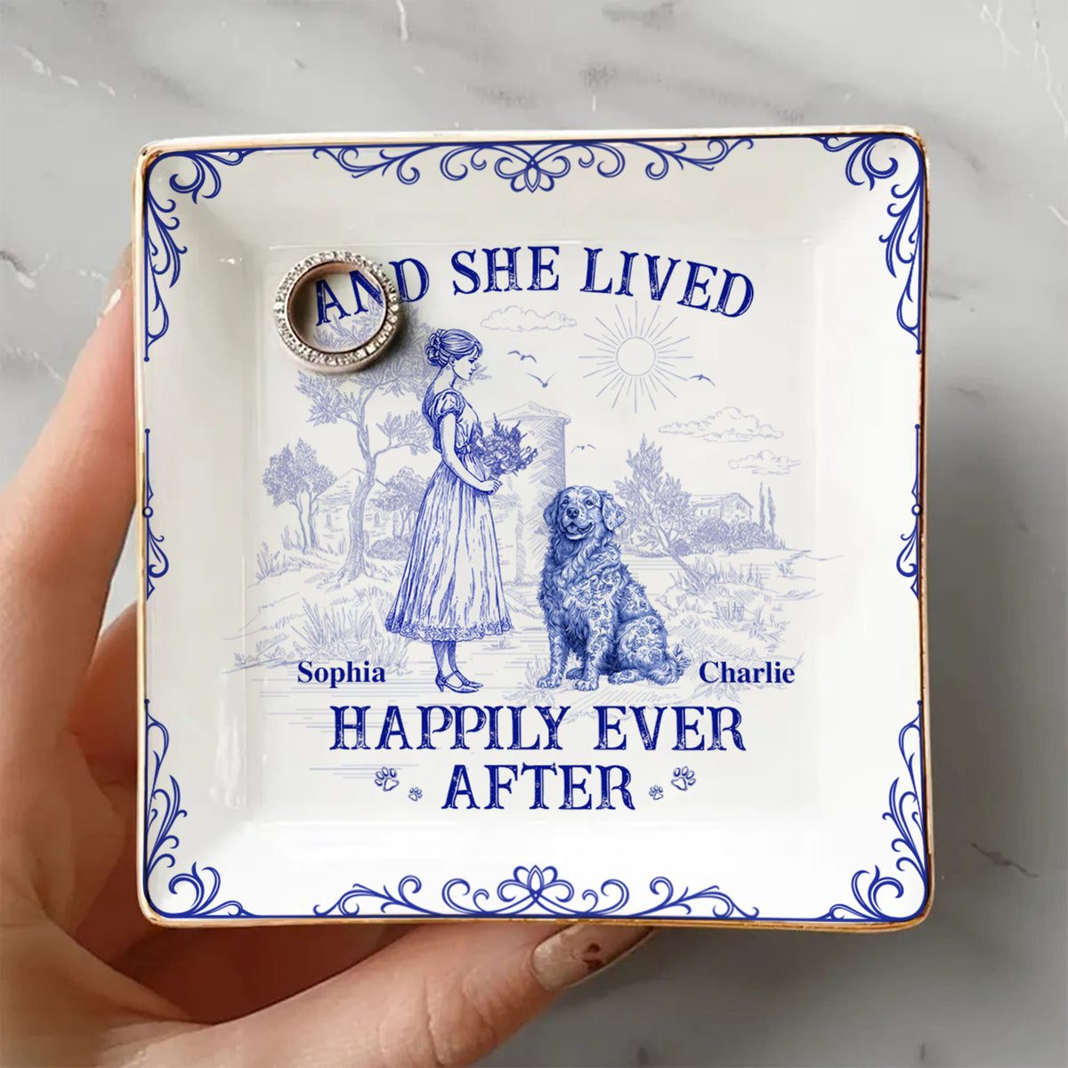 And She Lived Happily Ever After Dog Toile De Jouy Personalized Jewelry Dish LM32 893845