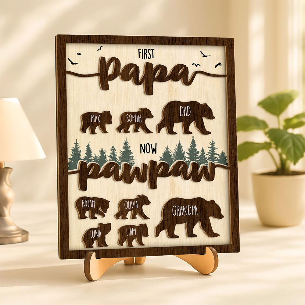 Papa Bear With Kid Name Family 2-Layered Wooden Plaque With Stand Personalized Gift For Father's Day, Dad HO82 894042