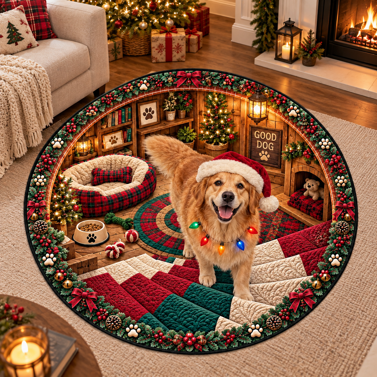 Custom Photo Dog Santa Hat 3D Illusion Round Rug, Christmas Home Decor HA75 57028