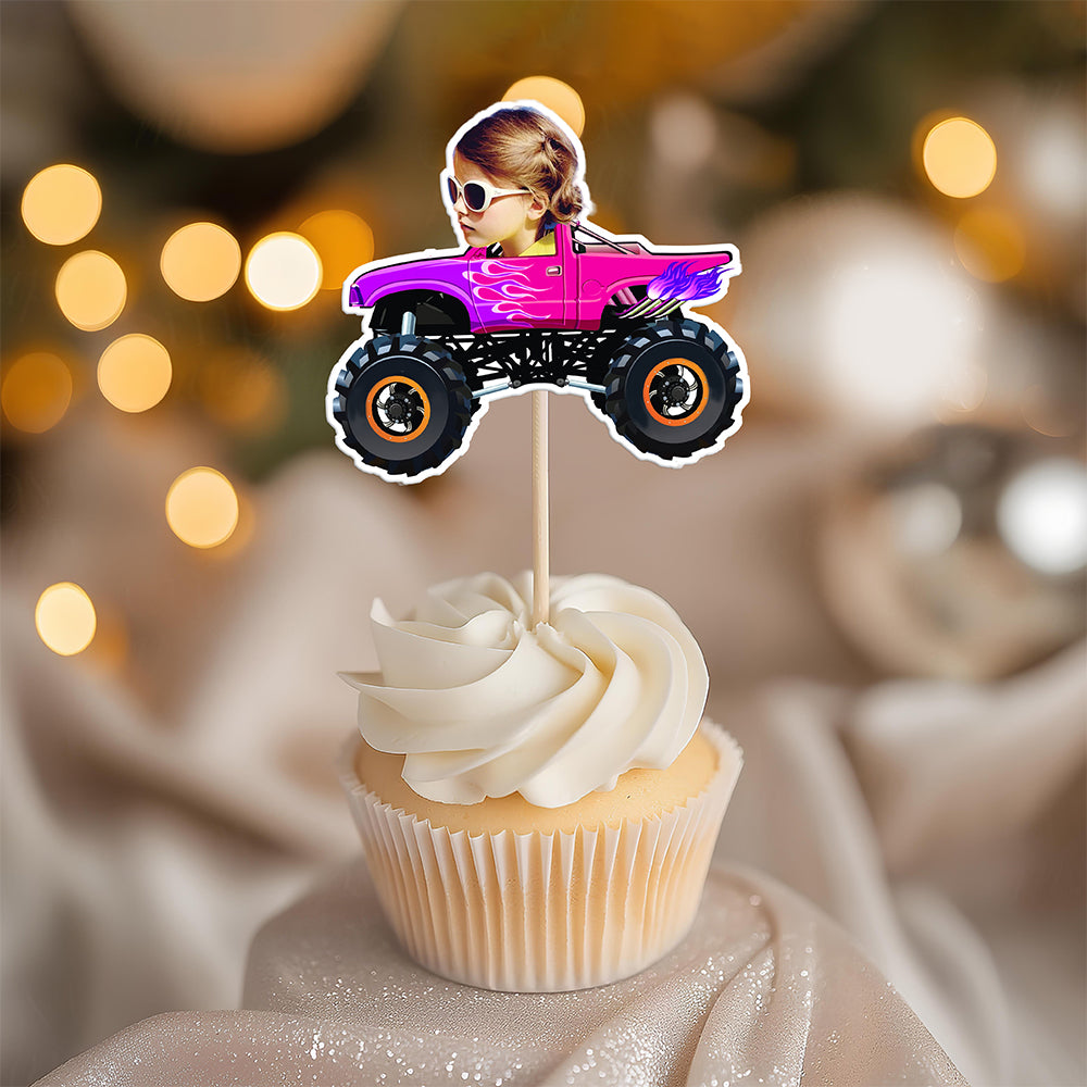 Custom Kid Face Riding Monster Truck Decoration Cupcake Toppers HA75 892008