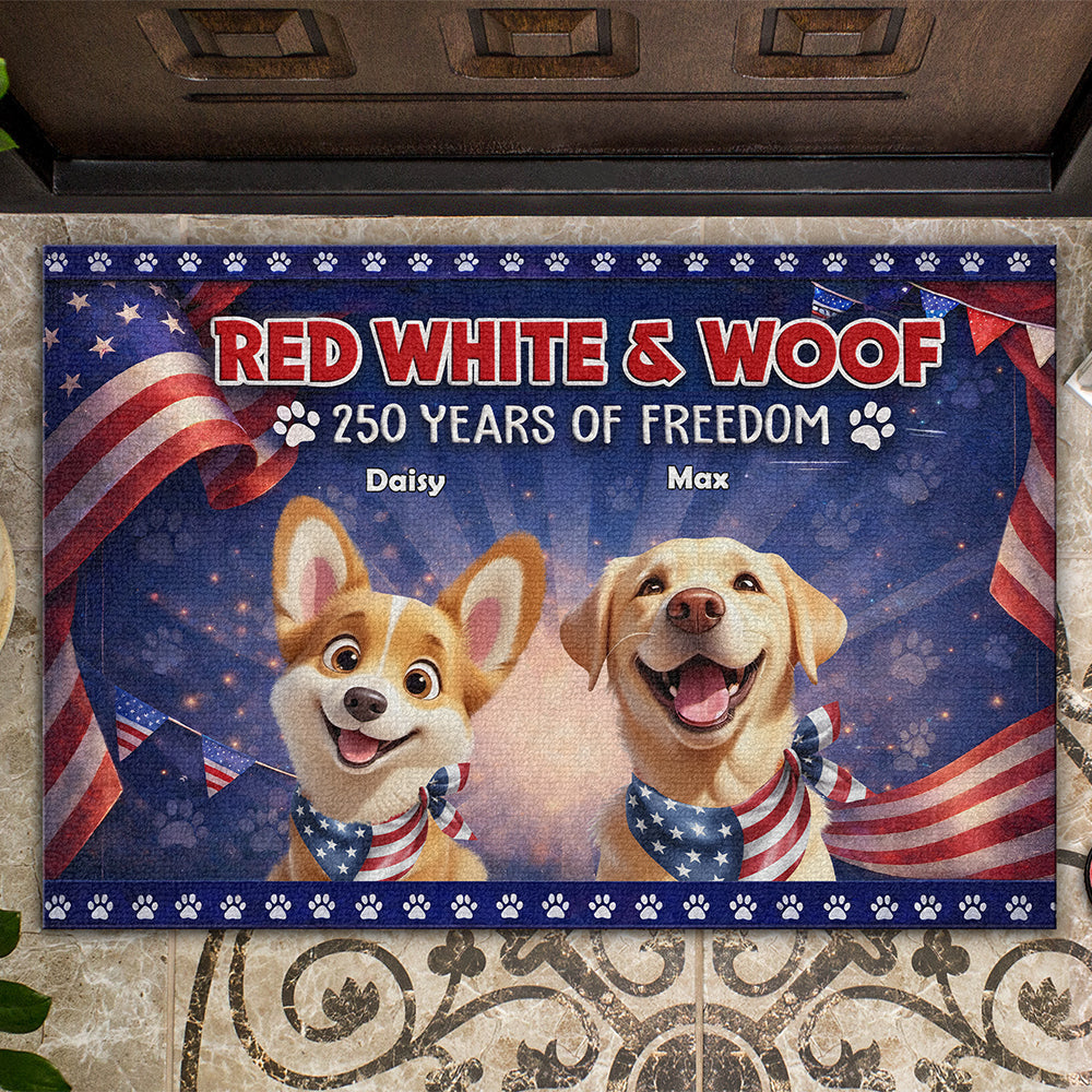 Personalized Cute Dog Red White Woof America 250 Years Of Freedom Doormat TH10 169055