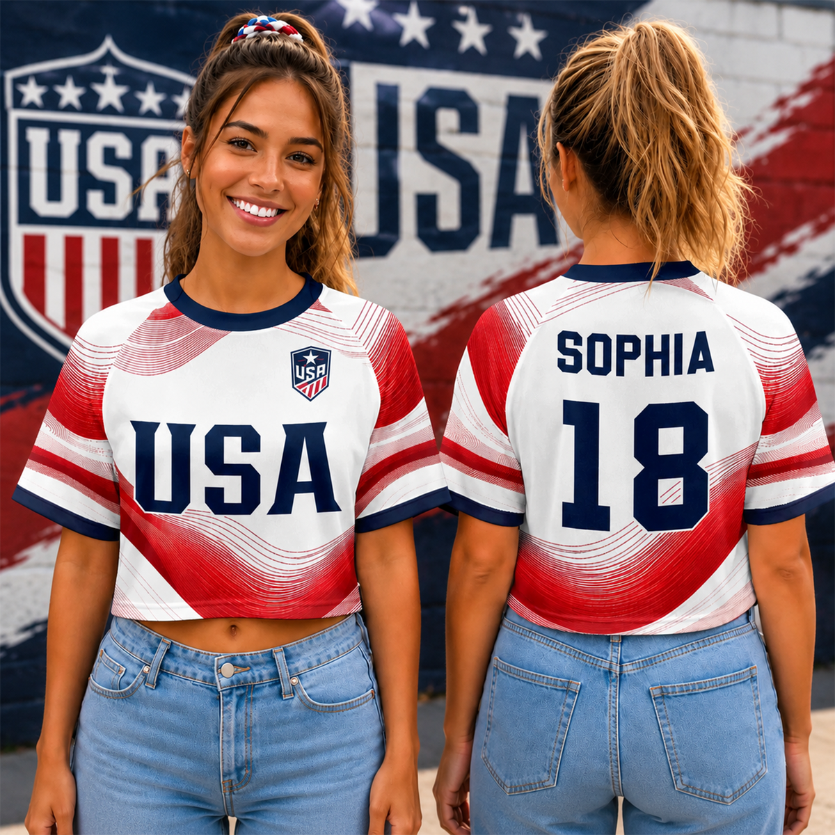 Custom Women's USA World Football Jersey Crop Tee TH10 170371