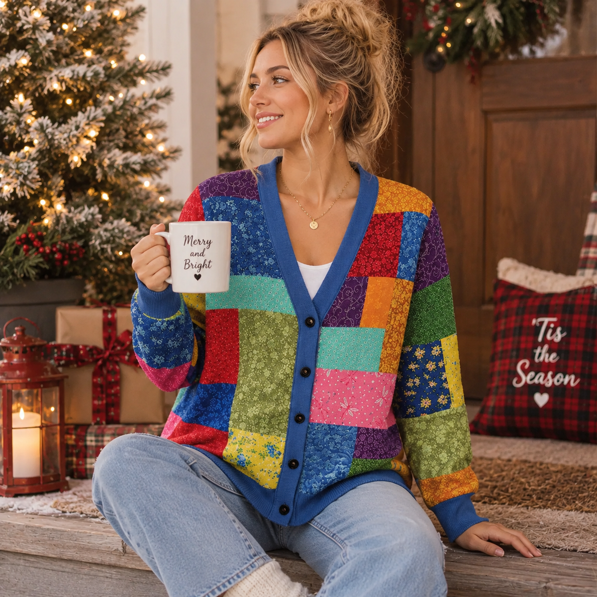 Holly Colorful Patchwork Memorial Country Christmas V-neck Cardigan LM32 670229