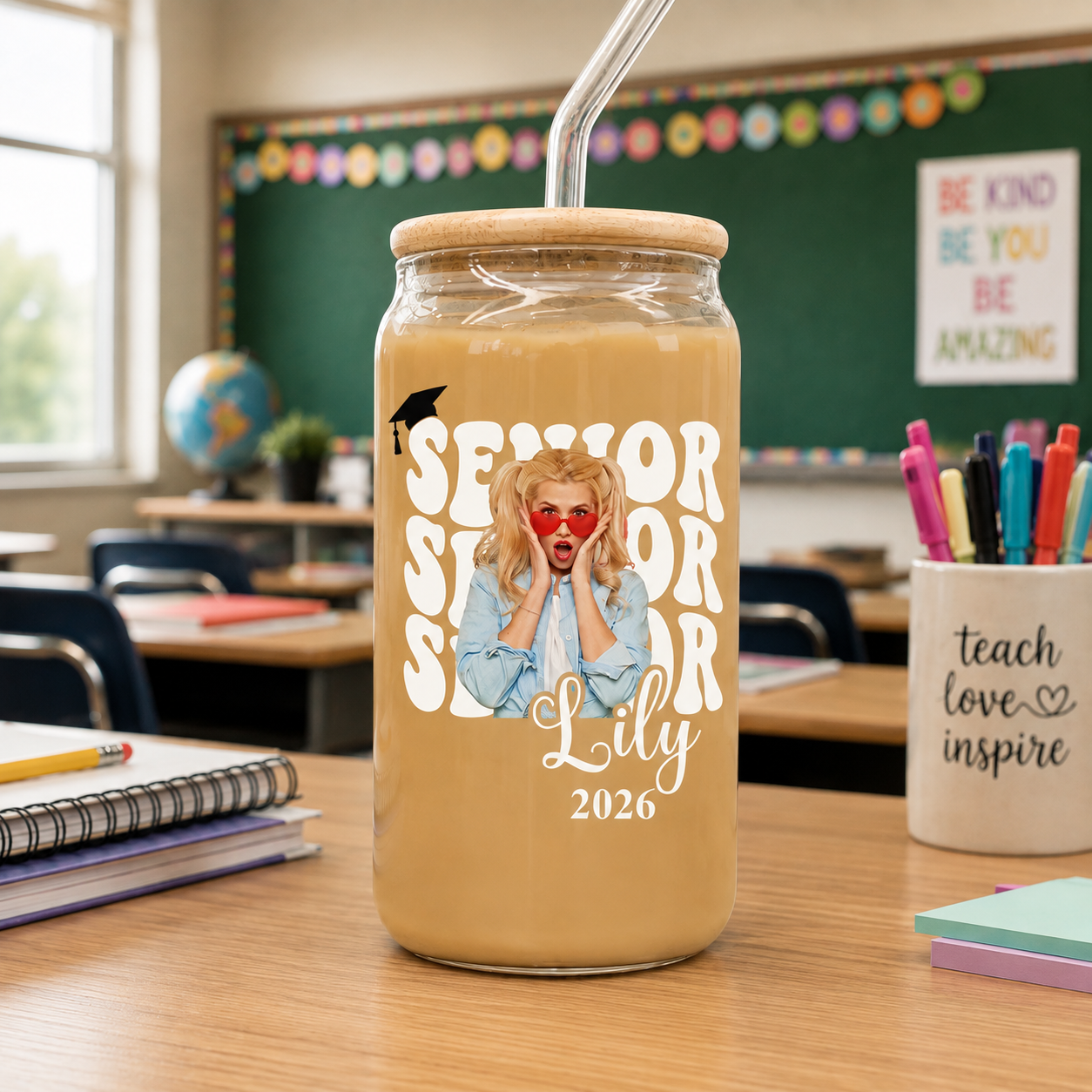 Custom Photo Senior 2027 Glass Can With Lid Back to School Gift for Senior HA75 921974