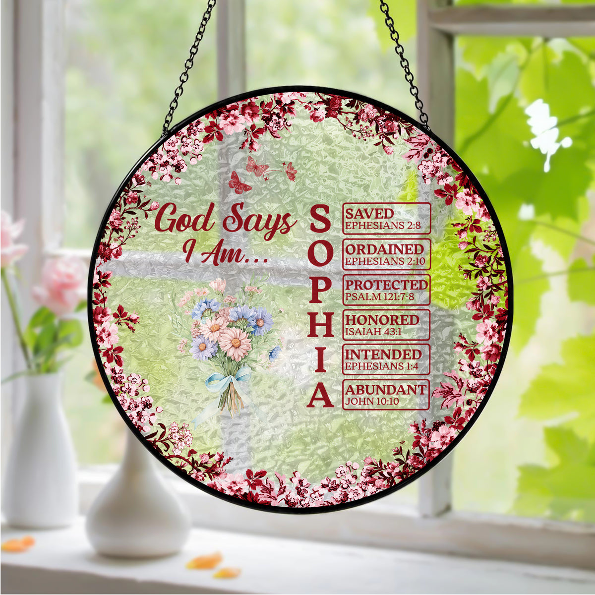 Custom Name Letter God Says I Am Flower Toile De Jouy Style Stained Glass Suncatcher LM32 895393