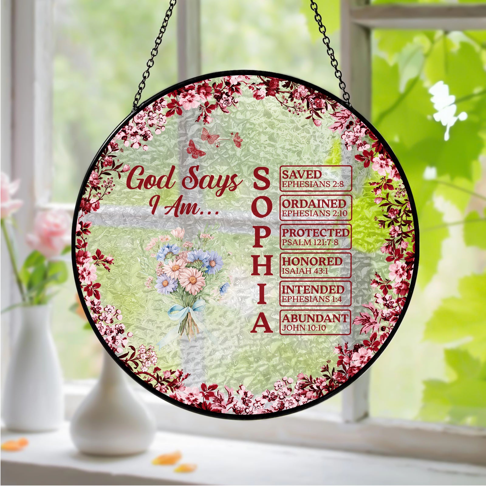 Custom Name Letter God Says I Am Flower Toile De Jouy Style Stained Glass Suncatcher LM32 895393