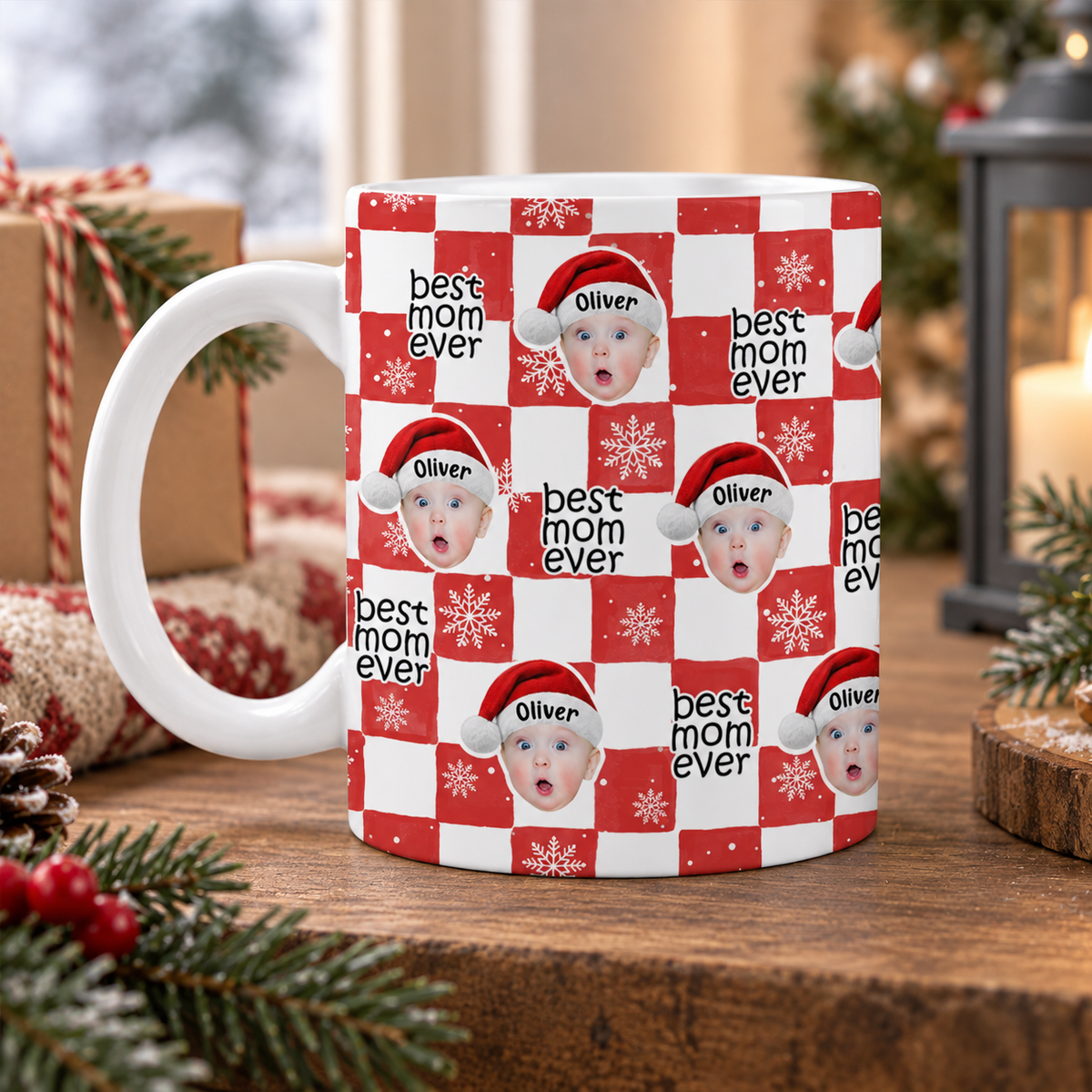 Custom Cute Baby Photo Best Dad, Mom Ever Christmas Pattern Print Full Mug LM32 670041