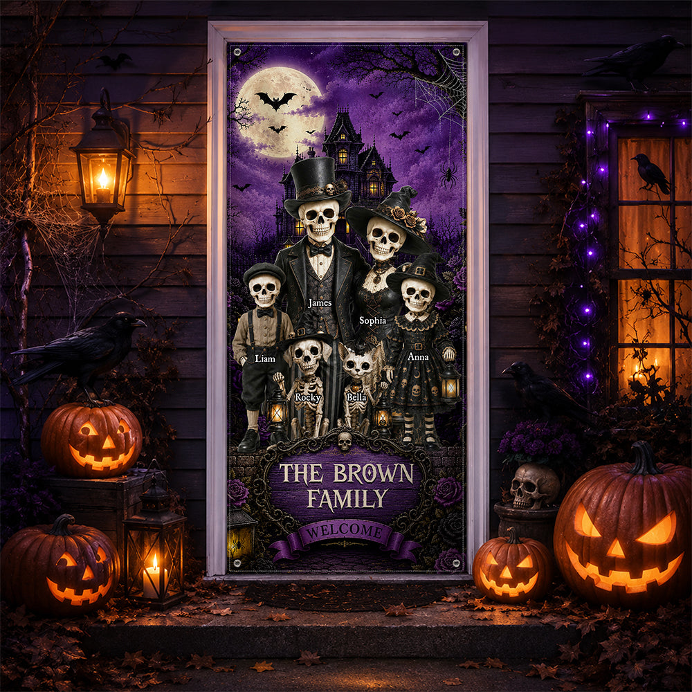 Personalized Gothic Skeleton Family Halloween Door Cover - Custom Family Name Halloween Decor CH07 180196
