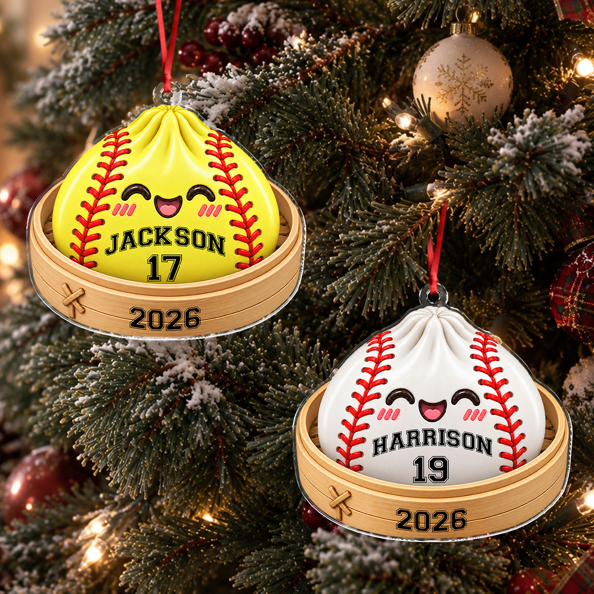 Custom Name Softball Squishy Dumpling Acrylic Ornament, Funny Sports Christmas Decoration HO82 903782
