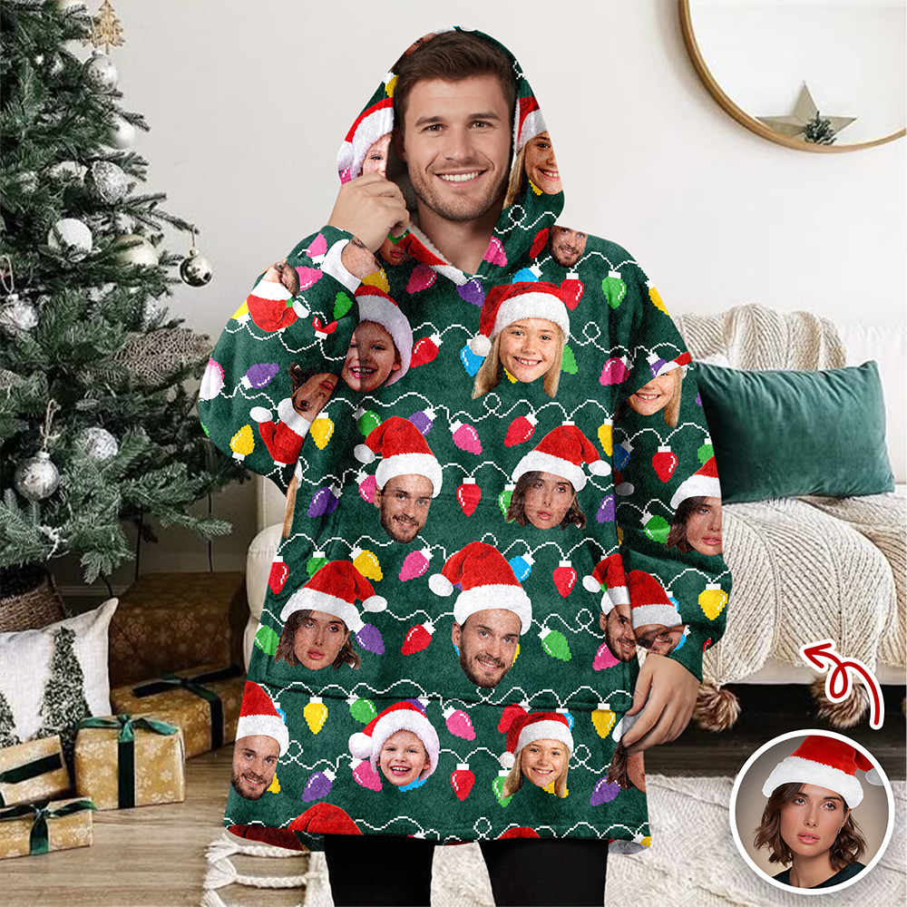 Custom Photo With Colorful Christmas Lights Hoodie Blanket For Family HA75 898290
