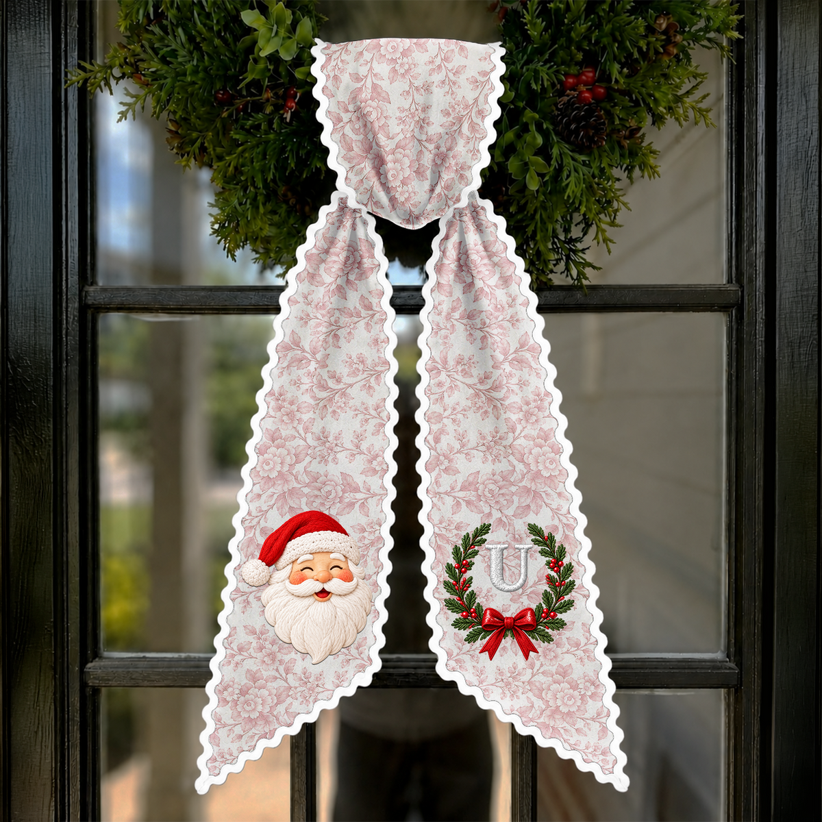 Personalized Monogram Letter Santa Claus Christmas Embroidered Wreath Sash, Festive Holiday Door Decor LM32 670203