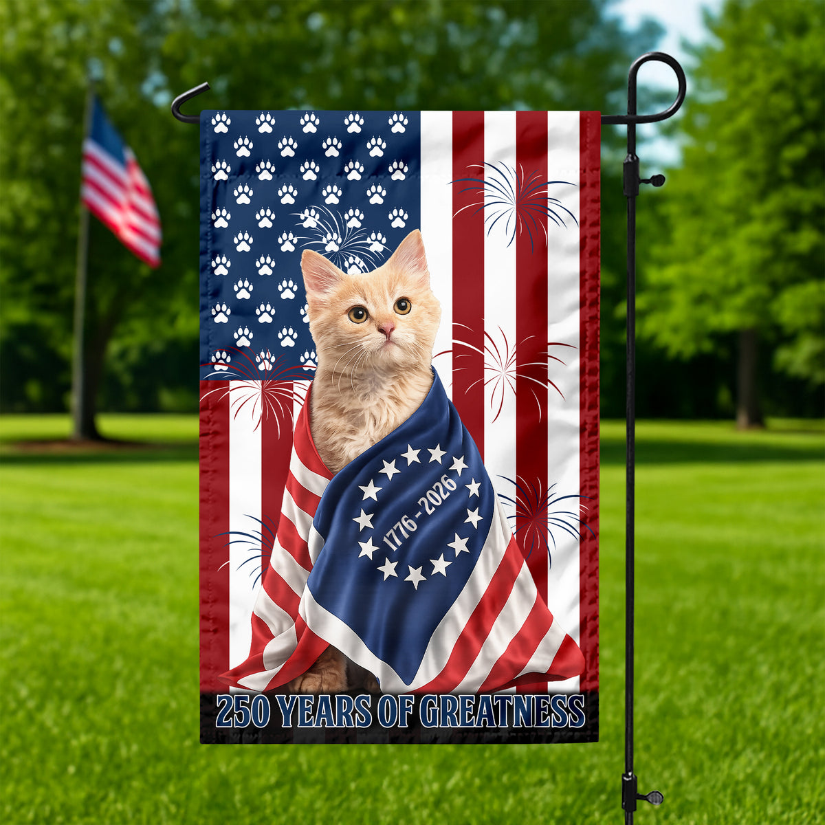 Custom Photo My Dog, Cat Loves America 250 Patriotic Garden Flag HA75 898908