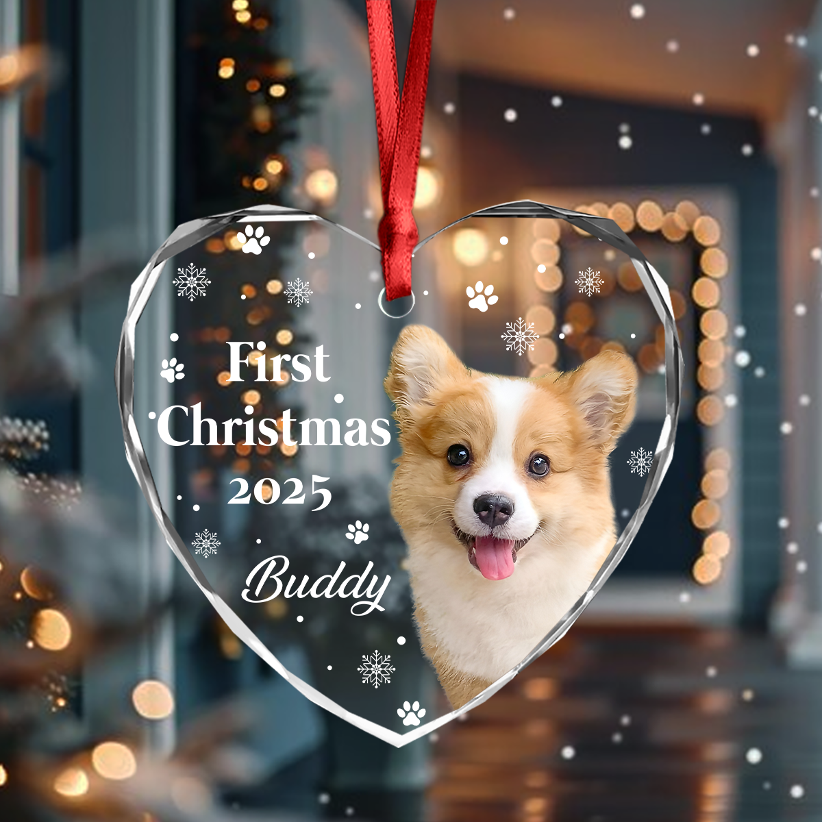 First Christmas With Cute Puppy And Snowflakes Custom Dog Photo Heart Glass Ornament CH07 896390