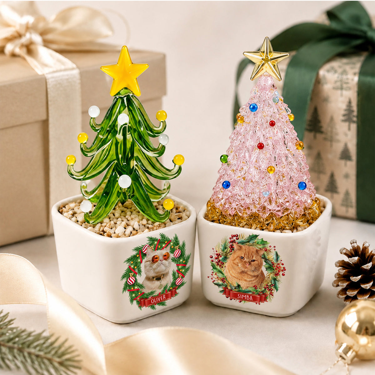 Custom Dog Cat Photo Christmas Wreath Mini Ceramic Pot With Glass Christmas Tree HO82 903626