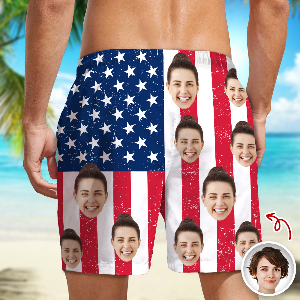 Custom Funny Face American Flag Beach Shorts - Personalized Summer Gift LM32 899873