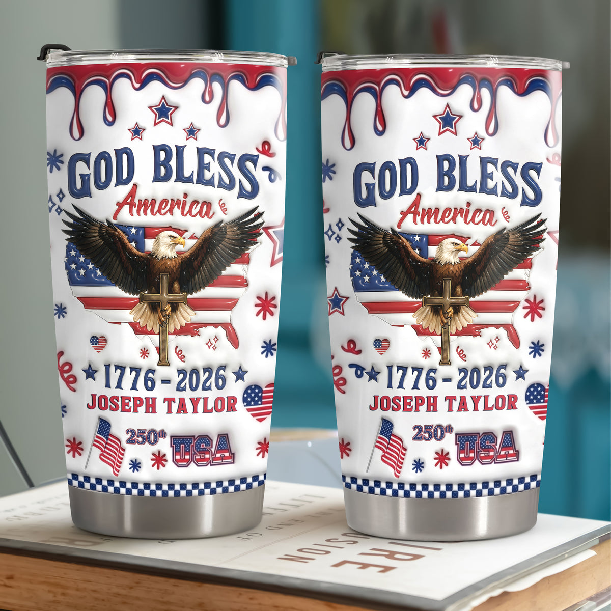 Personalized God Bless America Patriotic 3D Inflated Effect Fat Tumbler HA75 921092