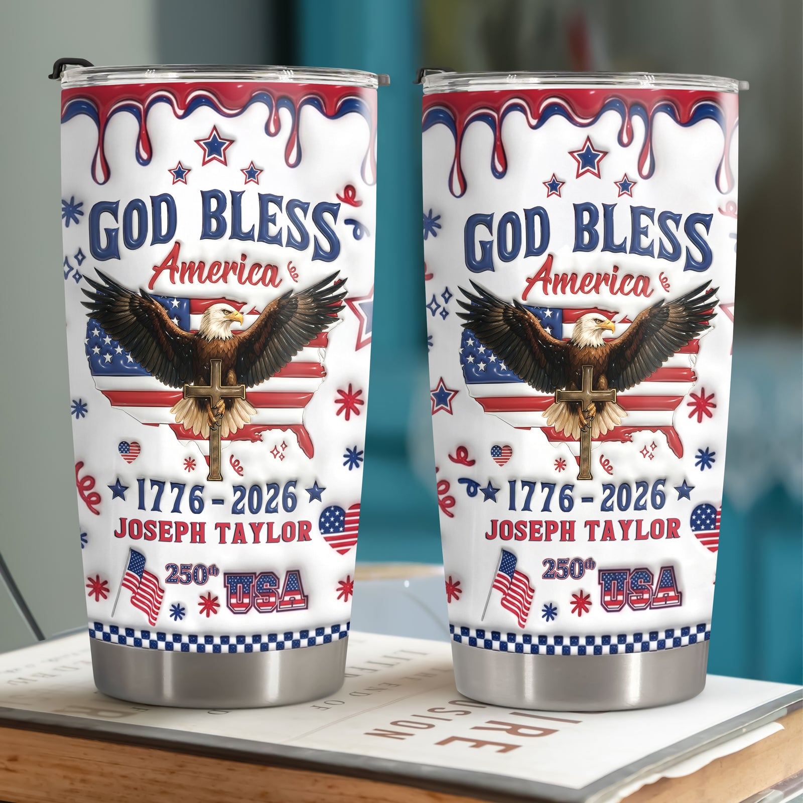Personalized God Bless America Patriotic 3D Inflated Effect Fat Tumbler HA75 921092