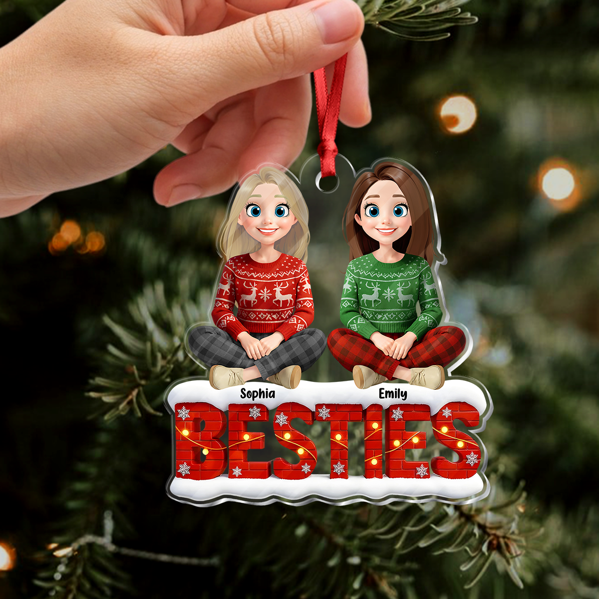 Snowy Brick Wall Besties Sisters Personalized Gift For Christmas Acrylic Ornament LM32 895947