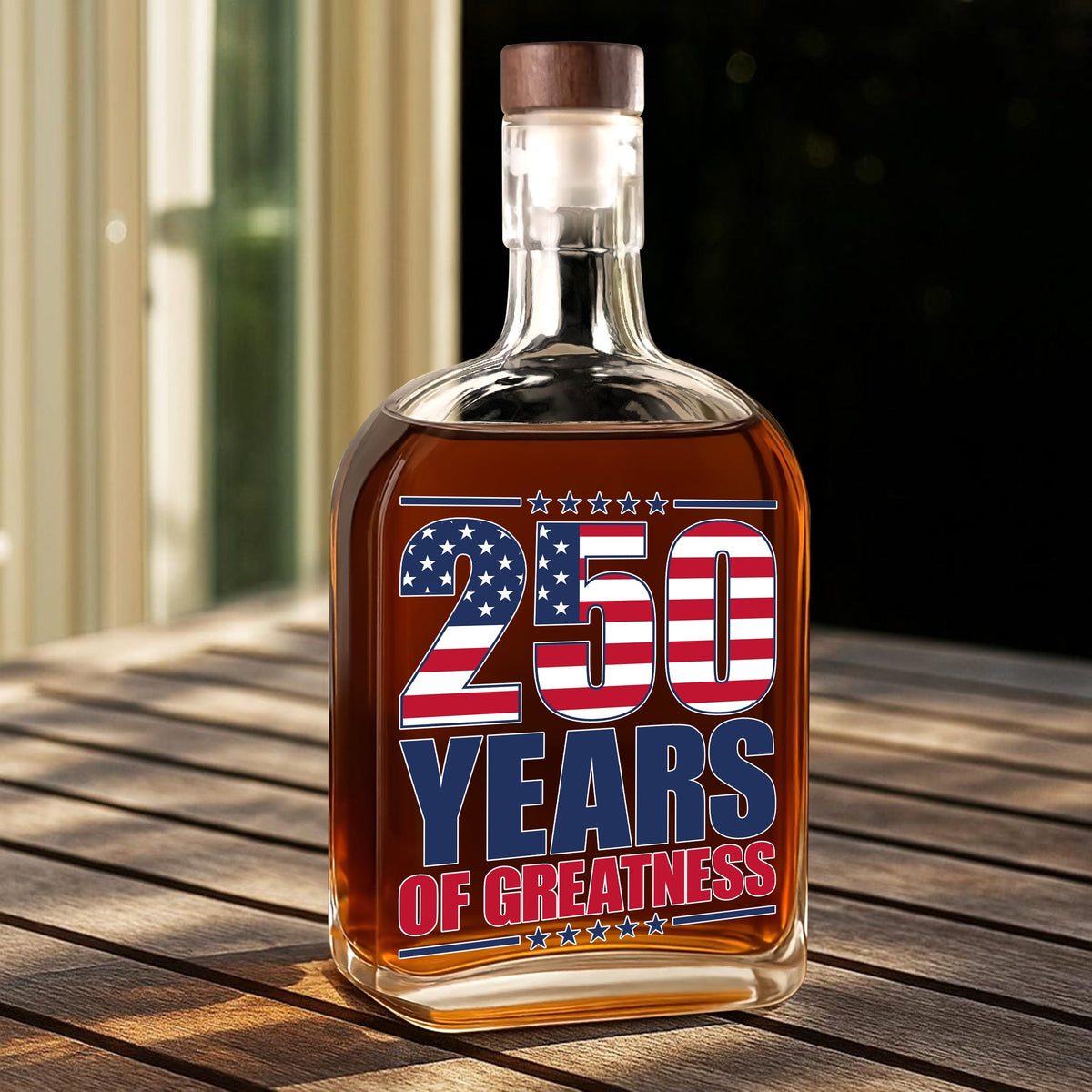 250 Years of Greatness USA Flag Patriotic 1776-2026 Anniversary Whiskey Bottle LM32 895225
