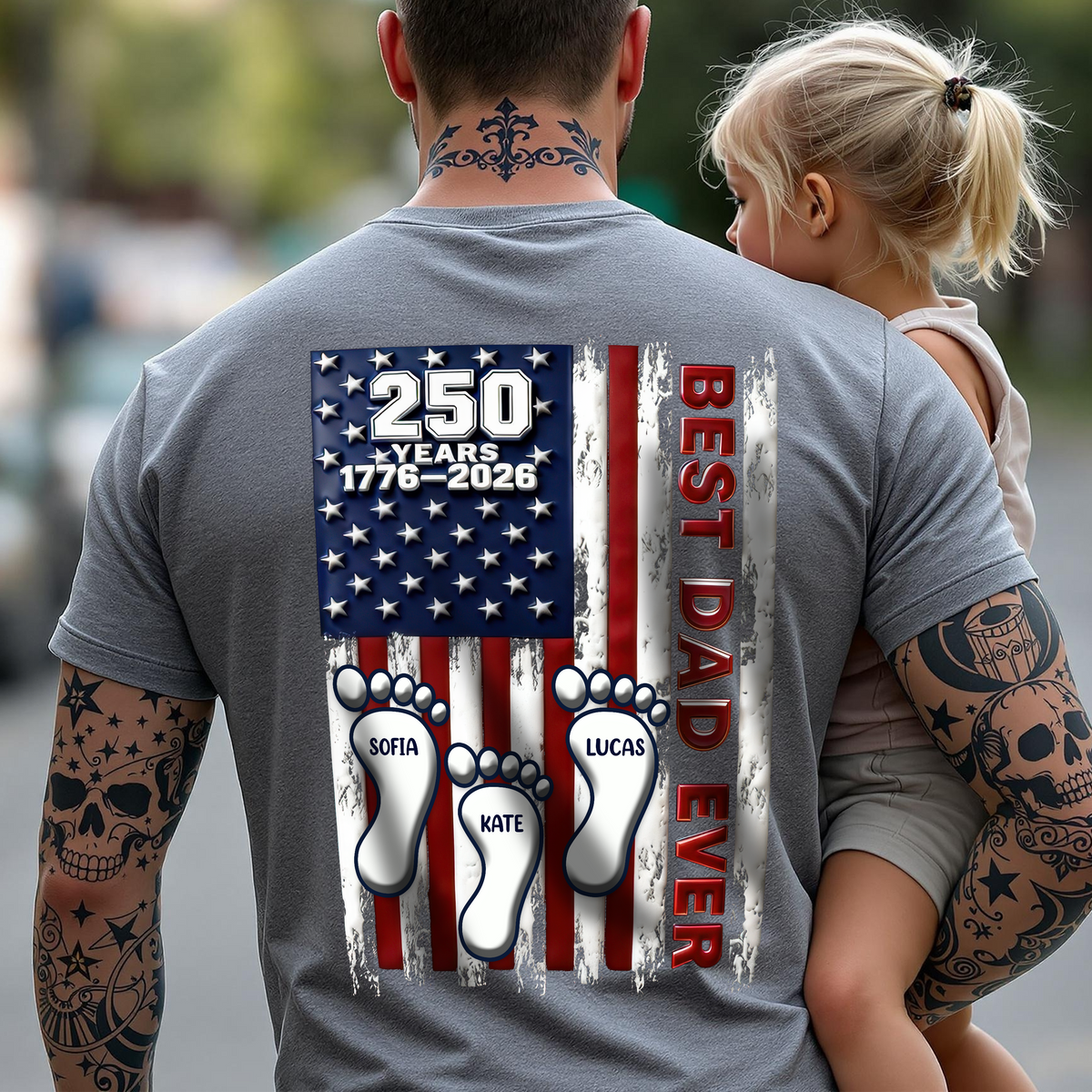 America 250 Best Dad Ever Back Shirt, Custom Footprint Kids Names T-Shirt For Dad CH07 910994