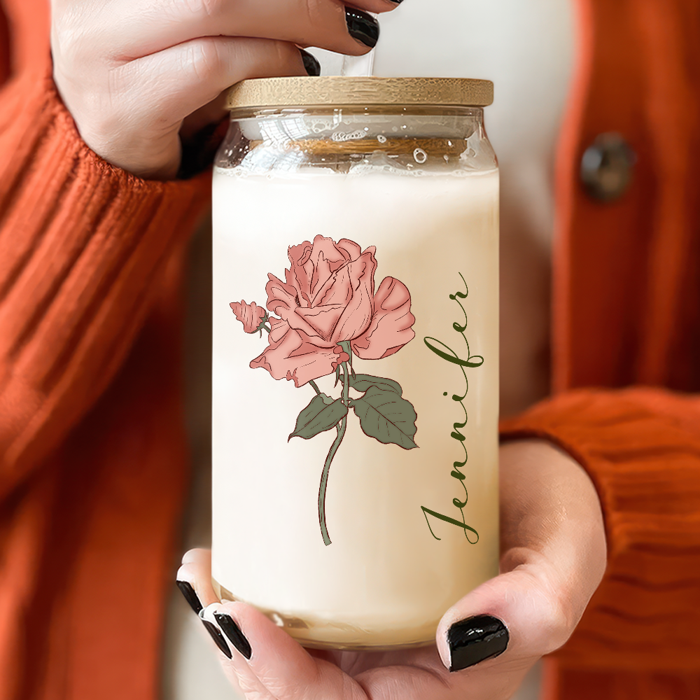 Custom Name With Floral Glass Can With Lid Personalized Gift HA75 892010