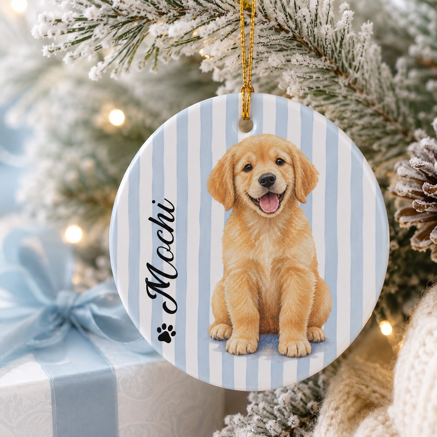 Custom Dog Photo And Name Stripes Ceramic Ornament For Christmas TH10 170749
