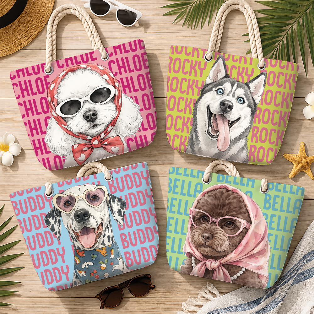 Custom Dog Photo Watercolor Beach Tote Bag - Personalized Gift for Dog Lovers CH07 180130