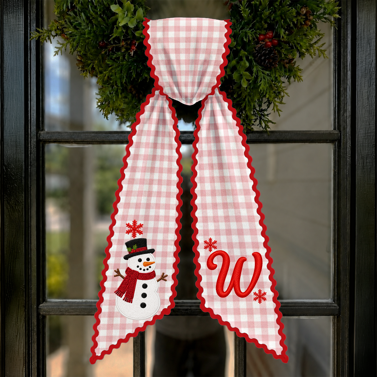 Personalized Letter Name Snowman Christmas Embroidered Wreath Sash, Festive Holiday Door Decor LM32 670205