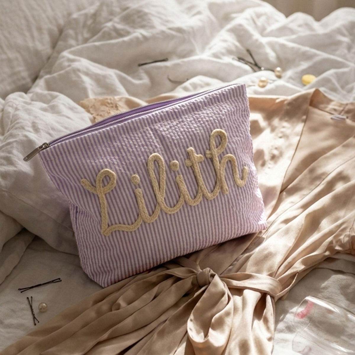 Personalized Name Seersucker Makeup Bag - Gift For Mom, Girlfriend, Women, Summer Gift HO82 902064